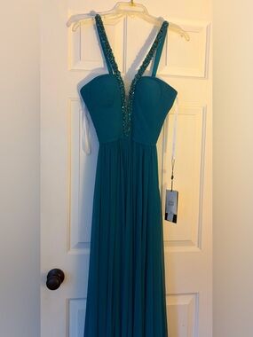 NWT! Sherri Hill TEAL Blue Beaded-Strap Maxi Gown. Sold Out Color!